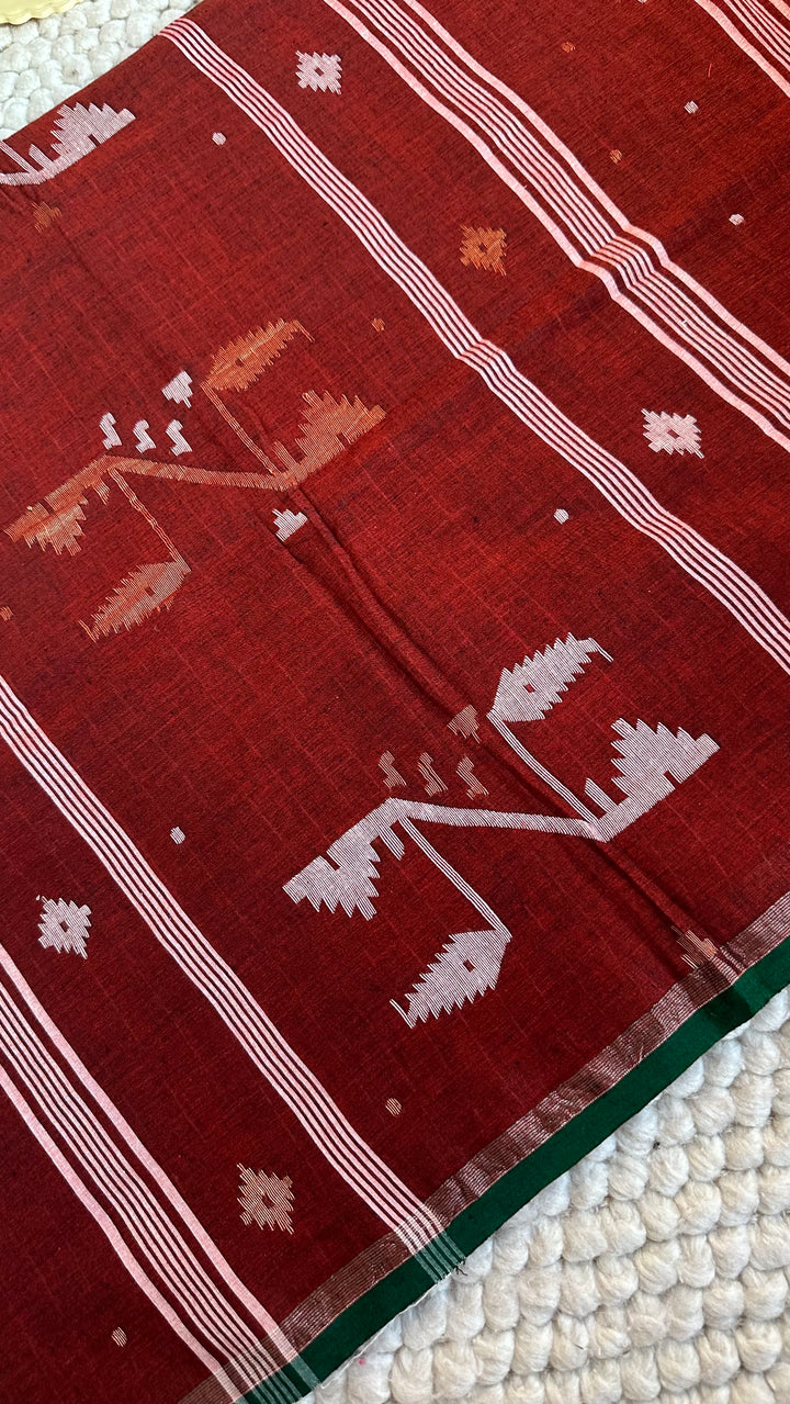 PREMIUM NEEDLE WORK JAMDANI HANDWOVEN AND HANDSPUN COTTON SAREE - RUST BROWN