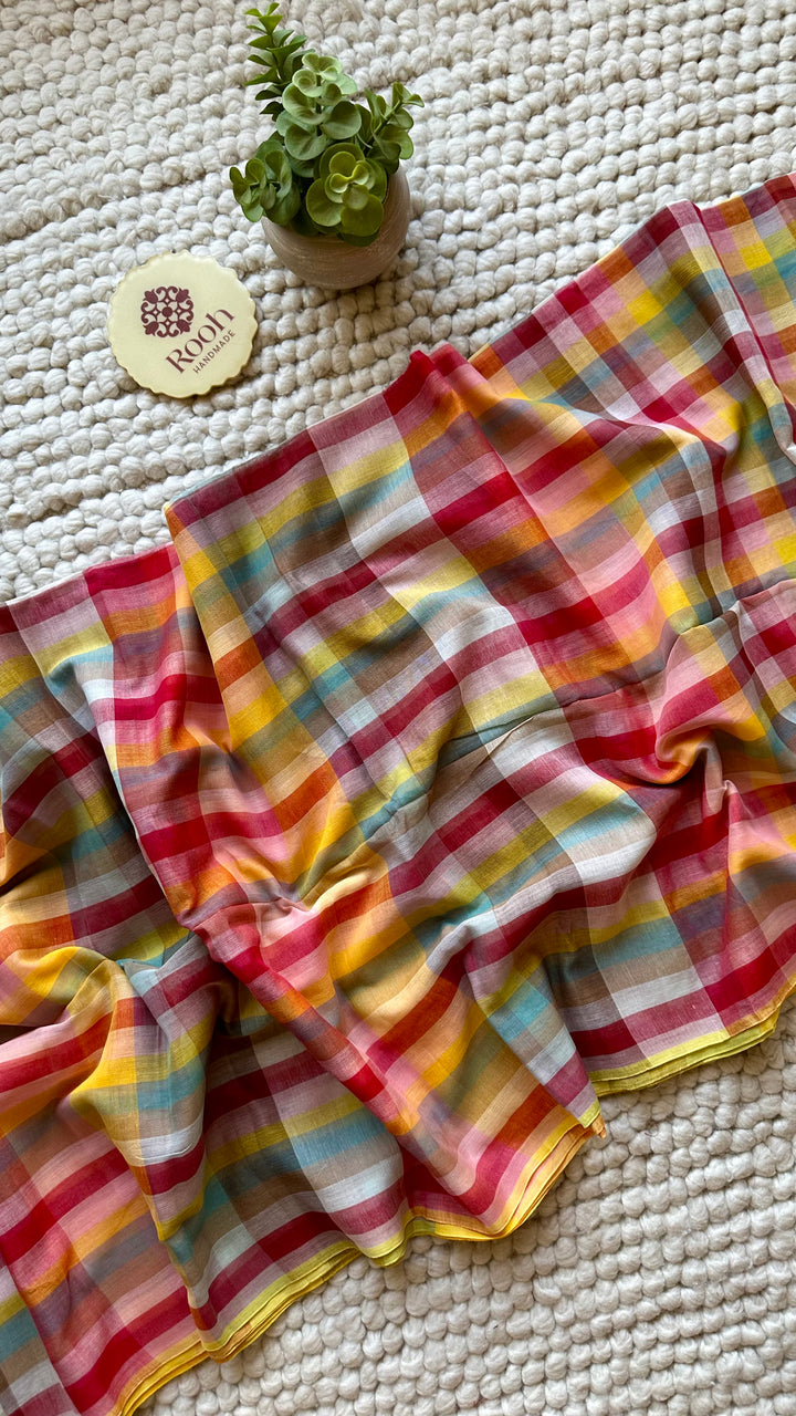 HANDWOVEN MULTICOLOUR CHECKERED MULMUL COTTON SAREE - 04 (DISPATCH TIME - 7 TO 10 DAYS)