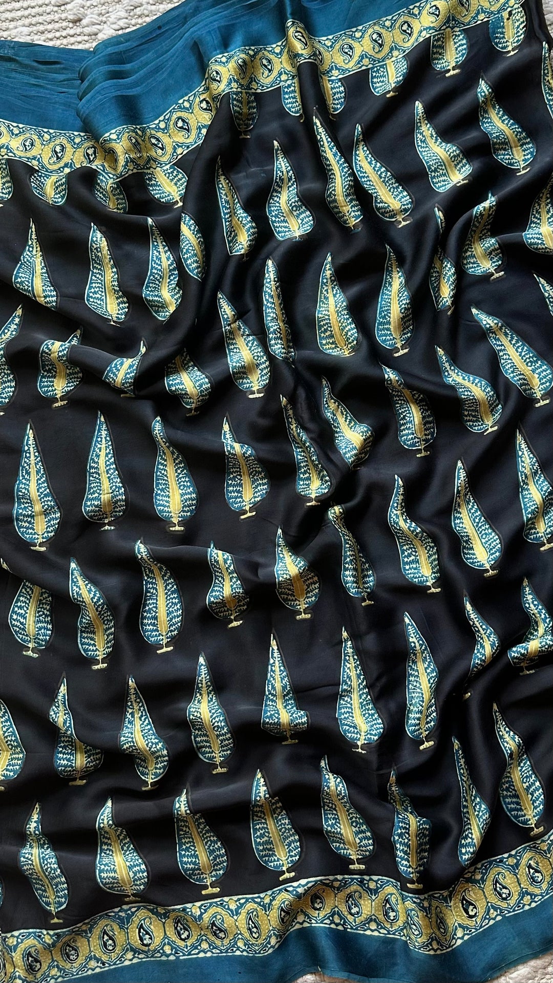 MIDNIGHT PINES - SUPER PREMIUM & BUTTERY SOFT AJRAKH HAND BLOCK PRINTED MODAL SILK SAREE