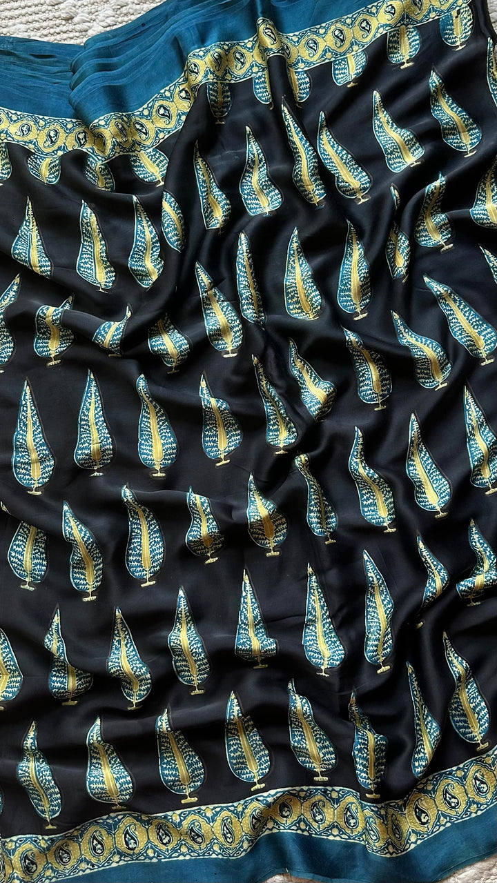 MIDNIGHT PINES - SUPER PREMIUM & BUTTERY SOFT AJRAKH HAND BLOCK PRINTED MODAL SILK SAREE