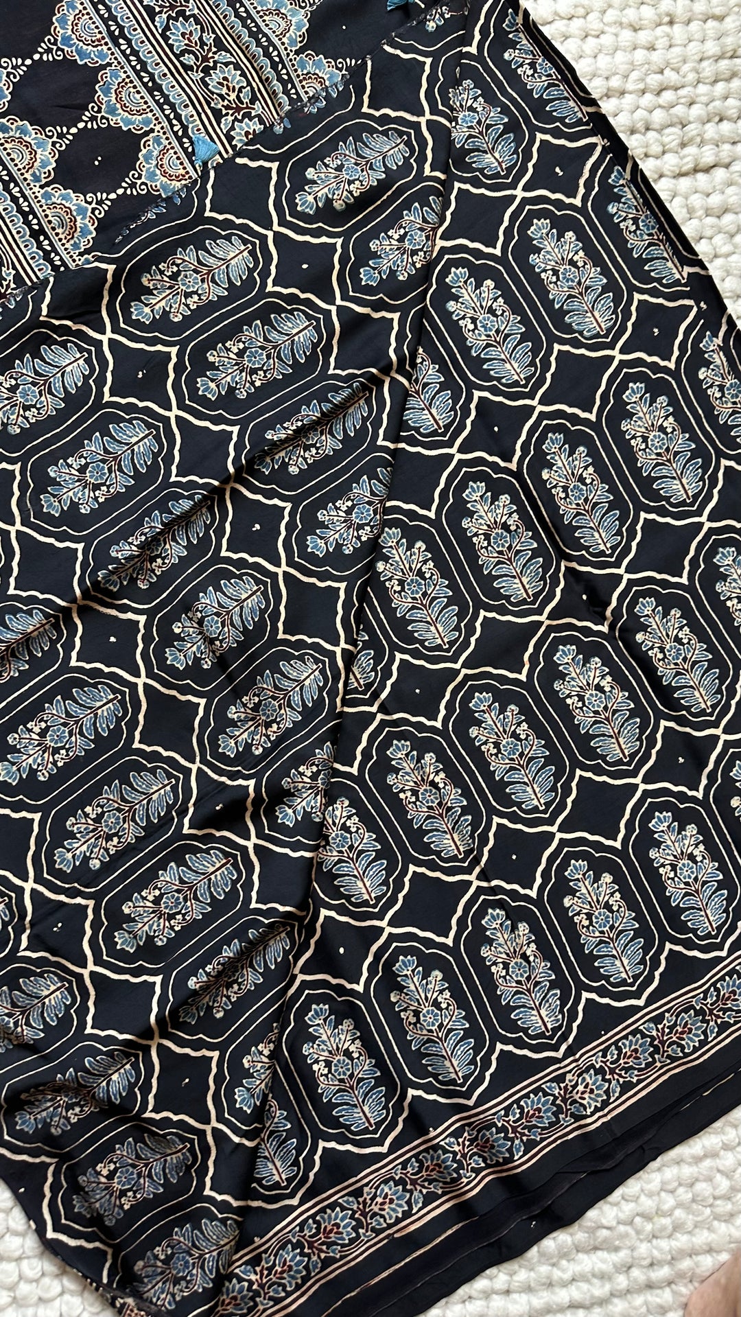 JHAROKHA- MIDNIGHT BLACK AJRAKH HAND BLOCK PRINTED PREMIUM MODAL SILK SAREE