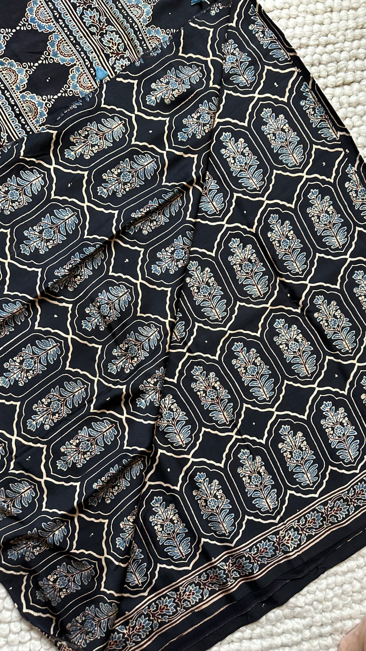 JHAROKHA- MIDNIGHT BLACK AJRAKH HAND BLOCK PRINTED PREMIUM MODAL SILK SAREE