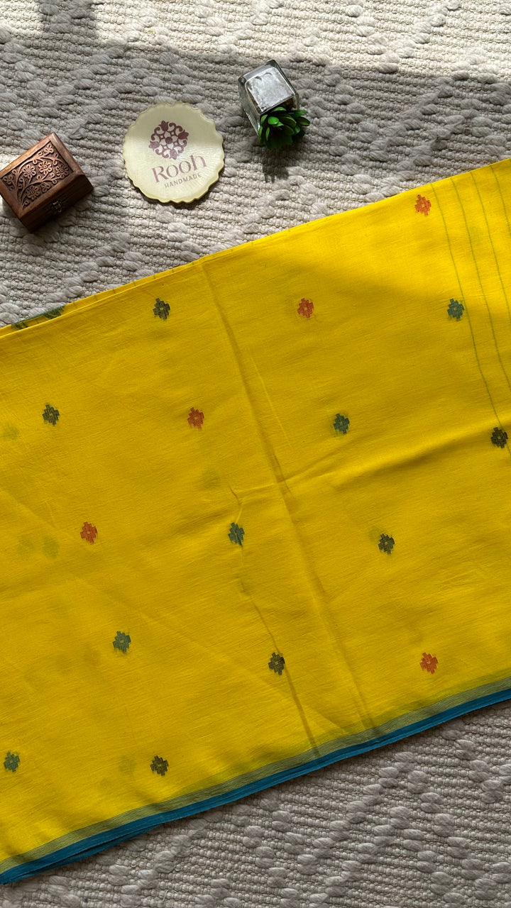 PREMIUM JAMDANI WEAVE HANDWOVEN AND HANDSPUN COTTON SAREE -  FRESH LEMON YELLOW