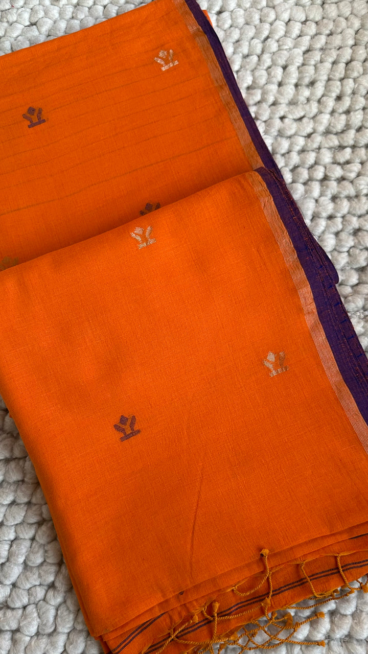 PREMIUM NEEDLE WORK JAMDANI HANDWOVEN AND HANDSPUN COTTON SAREE - SAFFRON ORANGE
