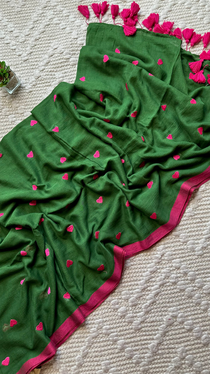 DIL - FOREST GREEN & PINK SUPER SOFT MUL COTTON SAREE