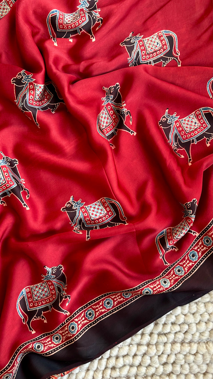MADDER RED & BLACK PICHWAI NANDI - AJRAKH HAND BLOCK PRINTED PREMIUM MODAL SILK SAREE (AVAILABLE ON PRE-ORDER - DISPATCH TIME IS 30-35 DAYS)