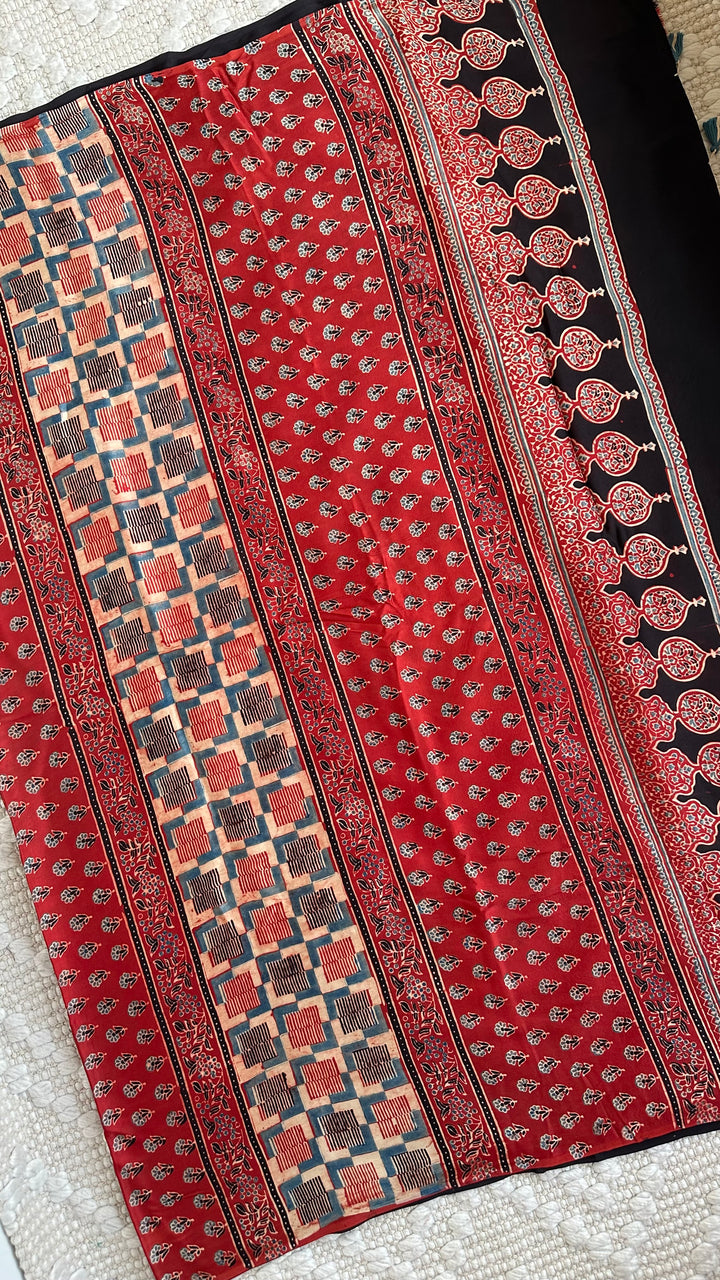RAAHINI - MADDER RED PREMIUM AJRAKH HAND BLOCK PRINTED MODAL SILK SAREE