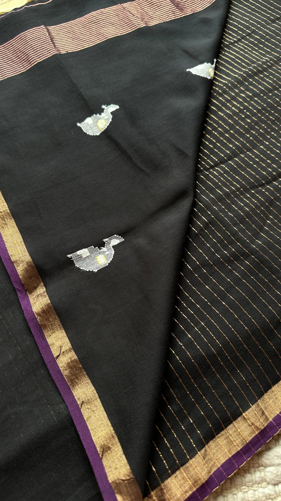 PREMIUM JAMDANI WEAVE HANDWOVEN PURE SILK BY PURE COTTON SAREE - OXFORD BLACK