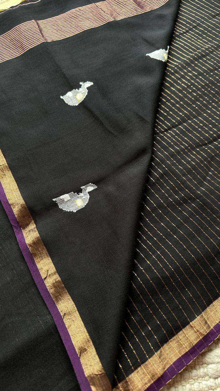 PREMIUM JAMDANI WEAVE HANDWOVEN PURE SILK BY PURE COTTON SAREE - OXFORD BLACK