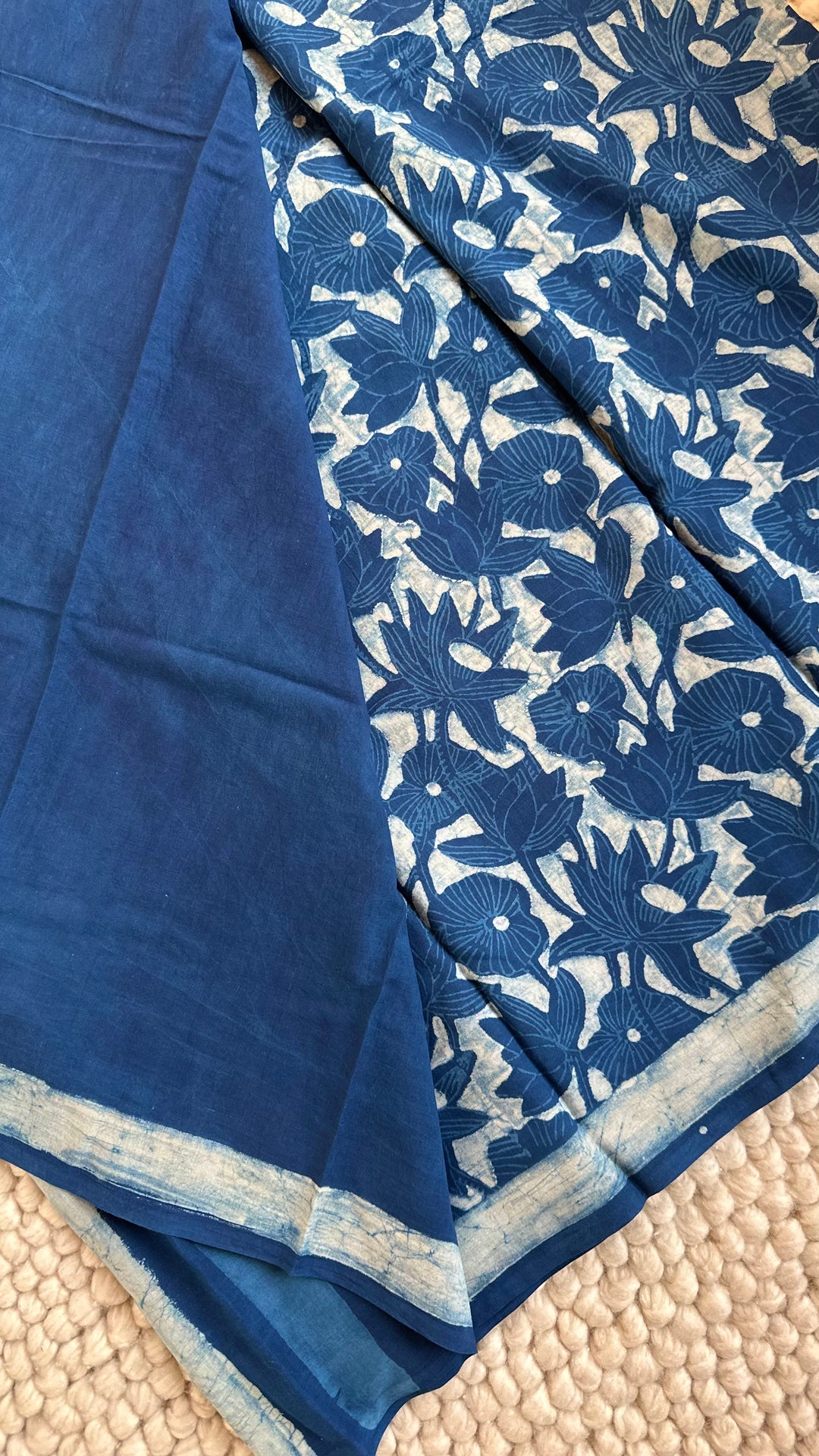 AKOLA INDIGO HAND BLOCK DABU PRINTED SOFT MULMUL COTTON SAREE- 002