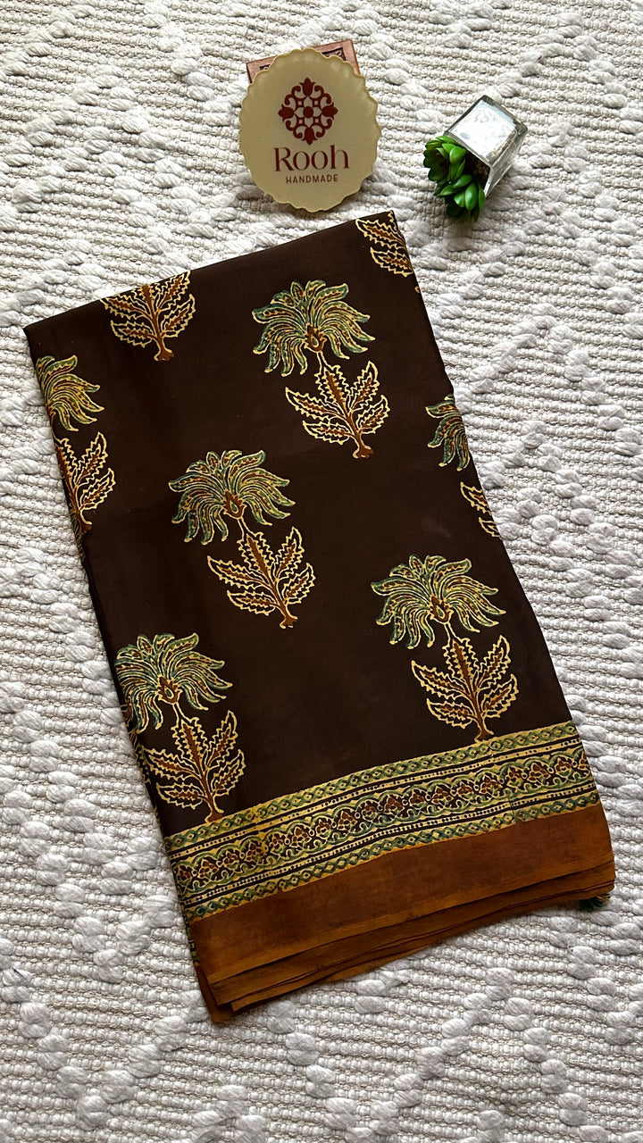 CINNAMON BLOSSOMS - DEEP BROWN PREMIUM AJRAKH HAND BLOCK PRINTED MODAL SILK SAREE(ONLY AVAILABLE ON PRE ORDER- DISPATCH TIME IS 30-45 DAYS)
