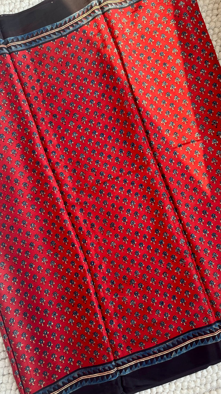 LOTUS ON MADDER RED - PREMIUM AJRAKH HAND BLOCK PRINTED PREMIUM MODAL SILK SAREE