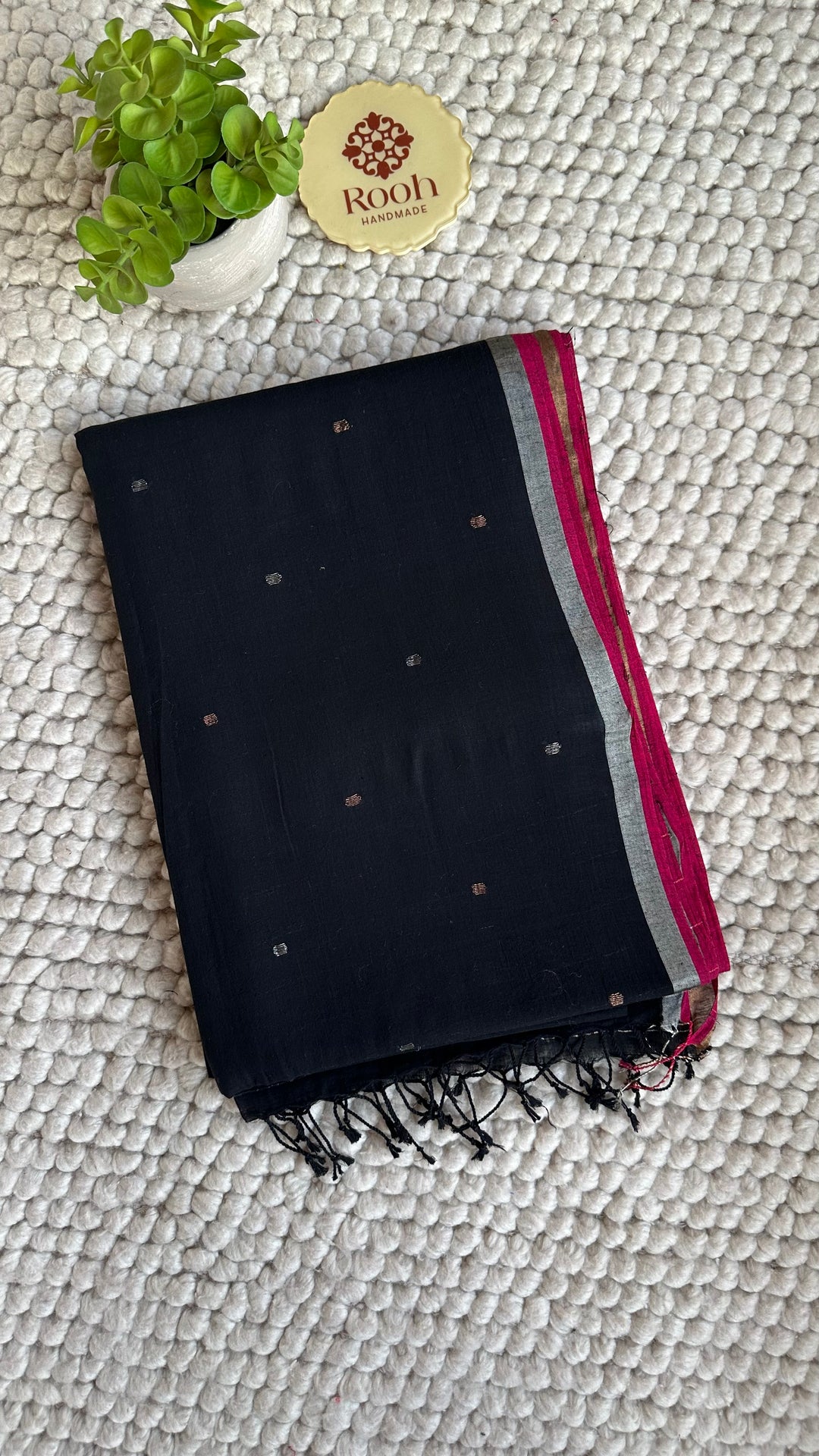 PREMIUM NEEDLE WORK JAMDANI HANDWOVEN AND HANDSPUN COTTON SAREE - CHARCOAL BLACK