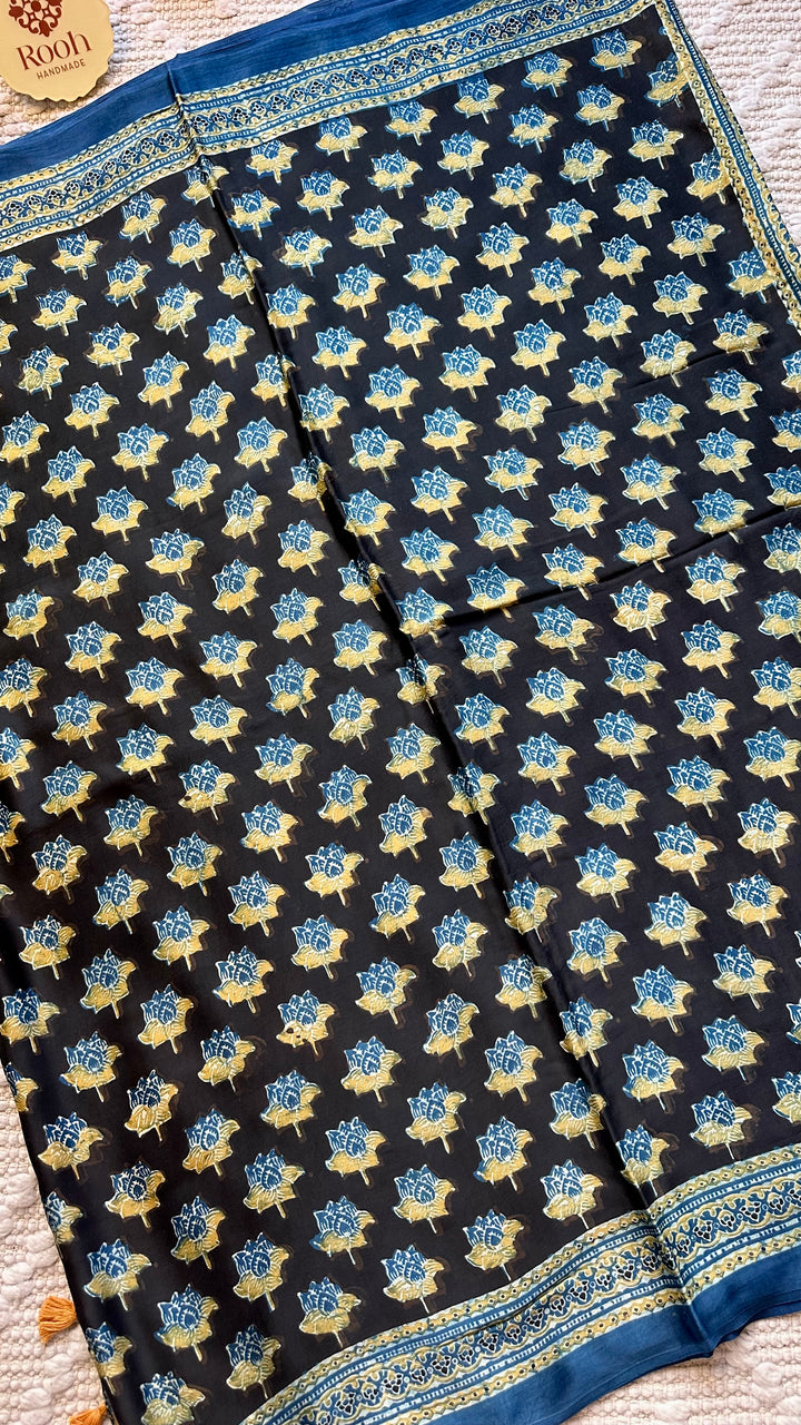 LOTUS BLOOMS 02 - SUPER PREMIUM & BUTTERY SOFT AJRAKH HAND BLOCK PRINTED MODAL SILK SAREE
