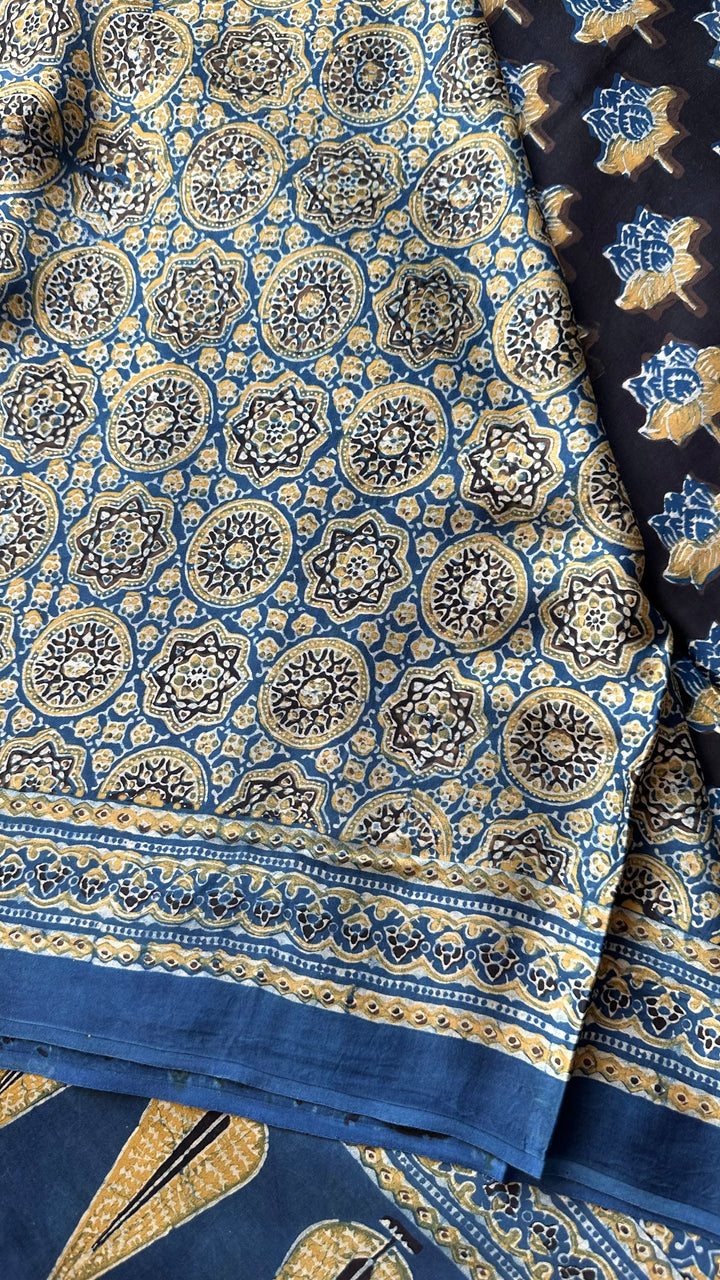 LOTUS BLOOMS 02 - SUPER PREMIUM & BUTTERY SOFT AJRAKH HAND BLOCK PRINTED MODAL SILK SAREE