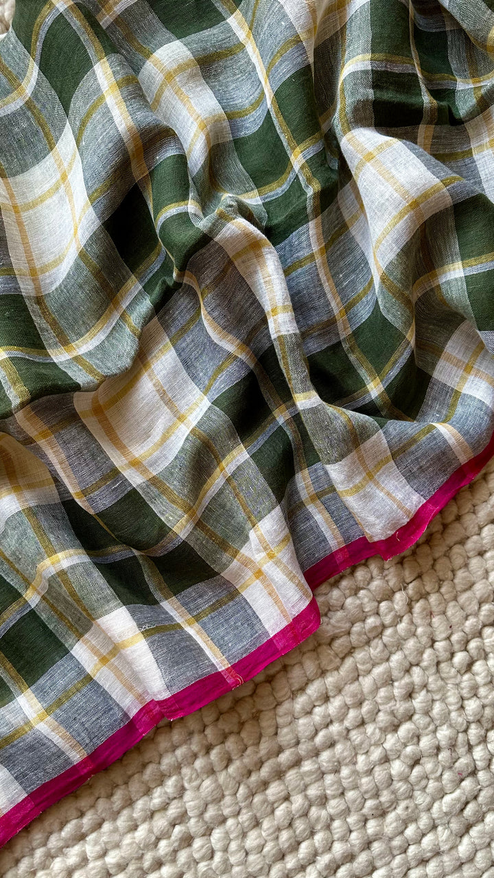 Multi Colour Checked Pure Handwoven Linen Saree - 006
