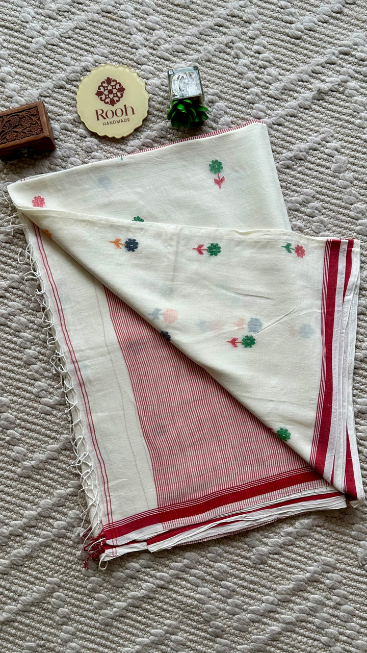 PREMIUM JAMDANI WEAVE HANDWOVEN AND HANDSPUN COTTON SAREE - WHITE & RED BLOSSOMS