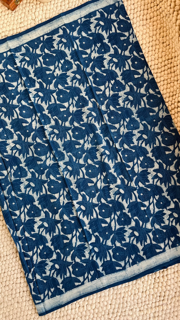 AKOLA INDIGO HAND BLOCK DABU PRINTED SOFT MULMUL COTTON SAREE- 002