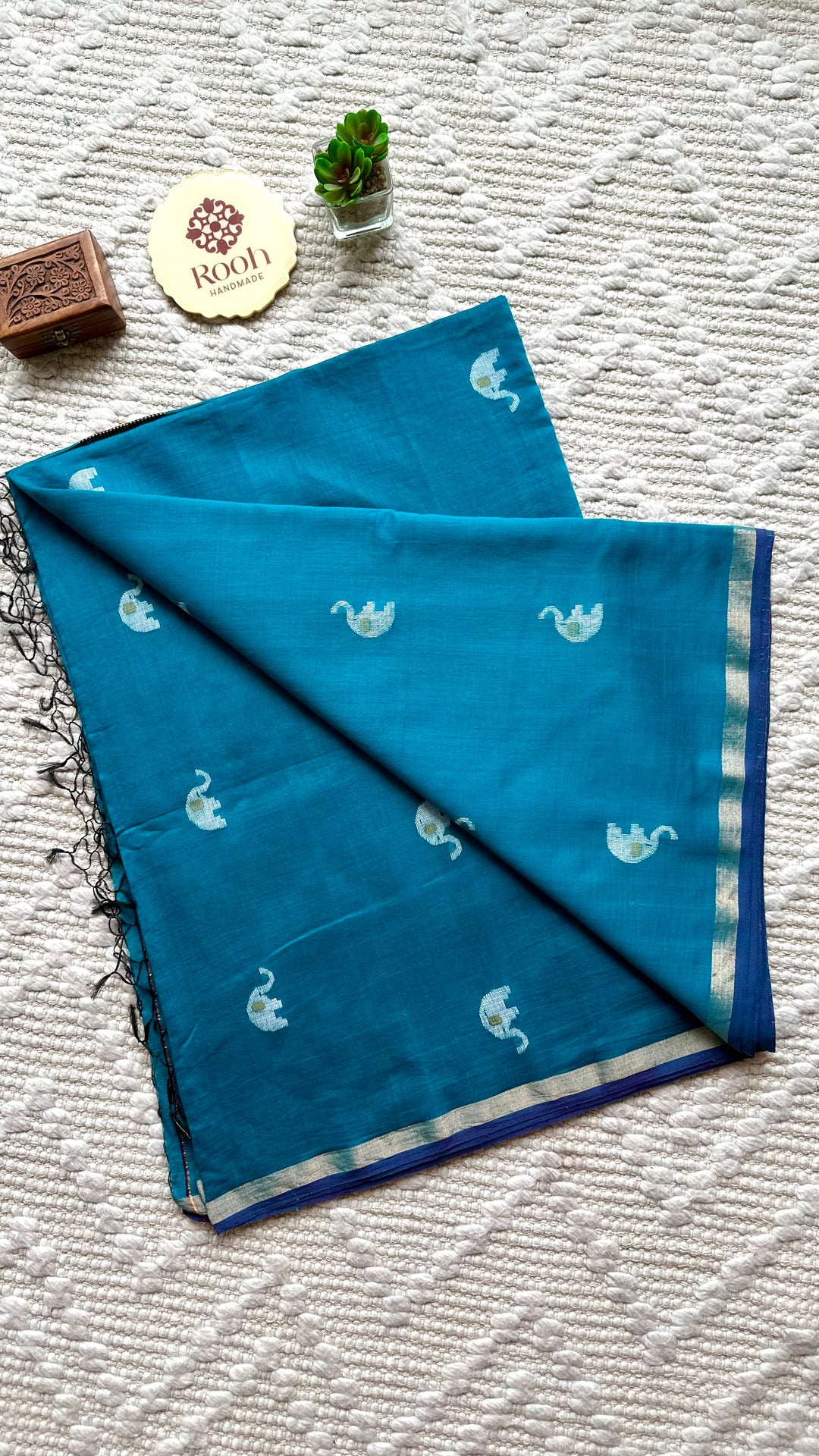 PREMIUM JAMDANI WEAVE HANDWOVEN PURE SILK BY PURE COTTON SAREE - TEAL BLUE
