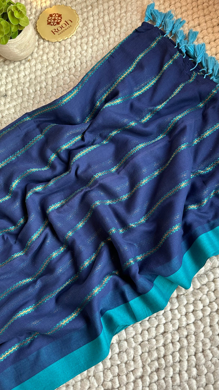 NAVI BLUE ZARI LINES PURE SUPER SOFT MULMUL COTTON SAREE - 019