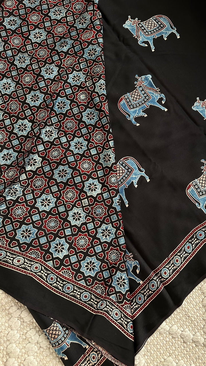 BLUE NANDI PICHWAI - BLACK PREMIUM AJRAKH HAND BLOCK PRINTED MODAL SILK SAREE (ONLY AVAILABLE ON PRE ORDER - DISPATCH TIME IS 30-40 DAYS)