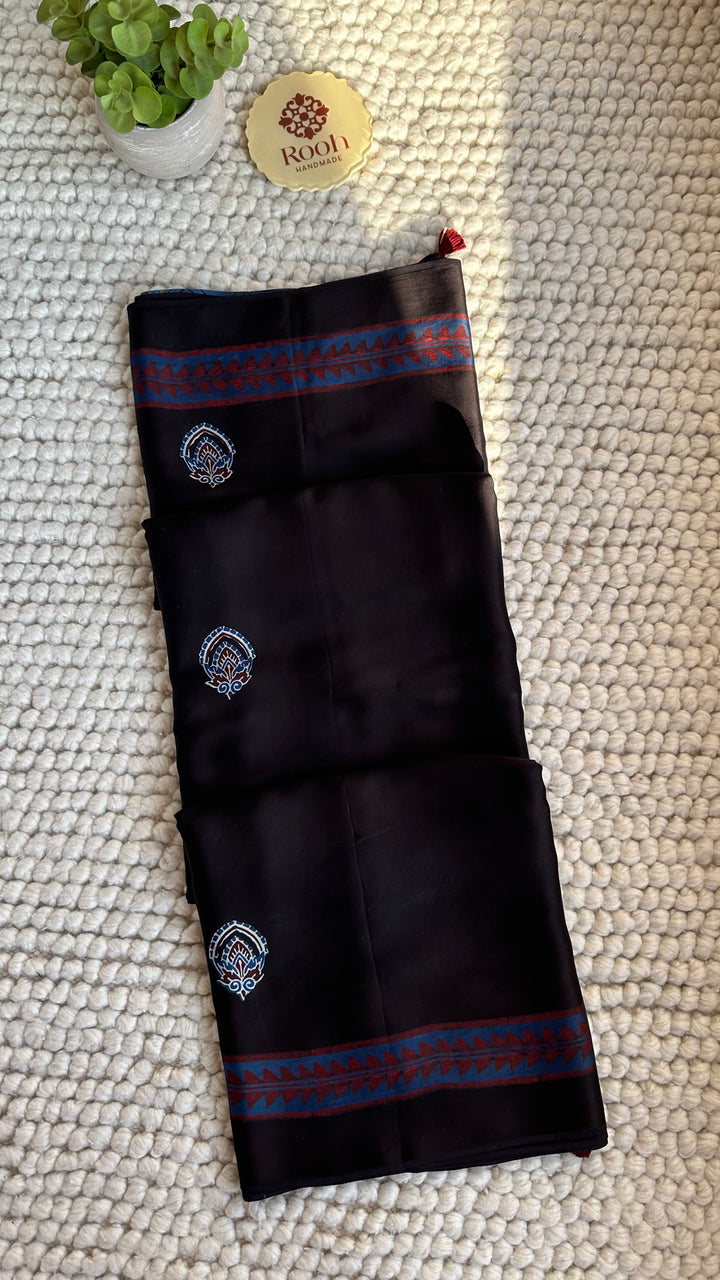 MIDNIGHT BLACK CHARMS  - AJRAKH HAND BLOCK PRINTED PREMIUM MODAL SILK SAREE