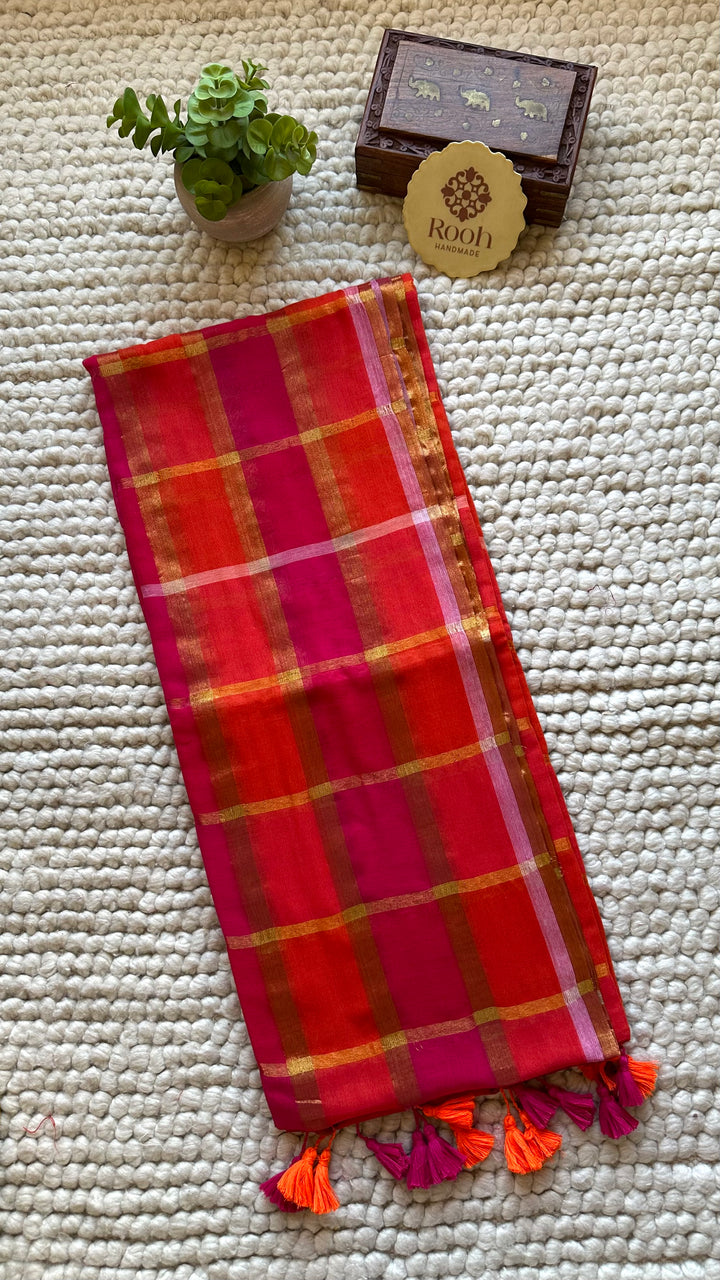 HANDWOVEN MULTICOLOUR ZARI CHECKS PURE MULMUL COTTON SAREE - 010