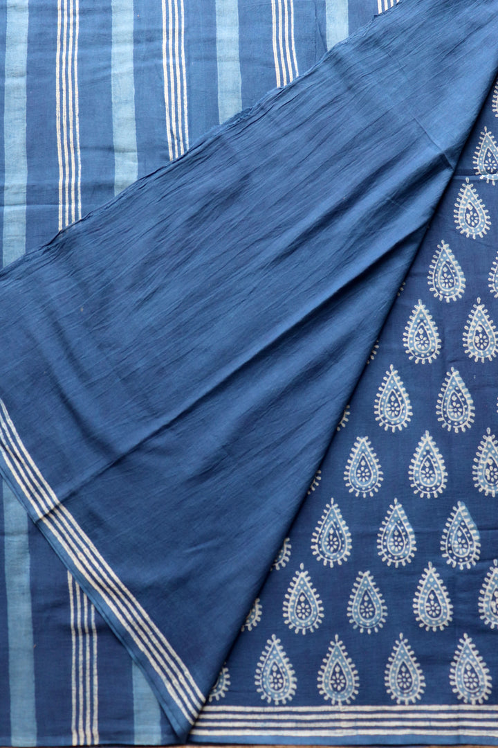 AKOLA INDIGO HAND BLOCK DABU PRINTED SOFT MULMUL COTTON SAREE- 021