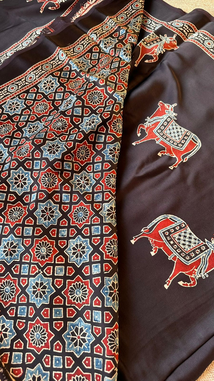 BLACK PICHWAI NANDI - AJRAKH HAND BLOCK PRINTED MODAL SILK SAREE (ONLY AVAILABLE ON PRE ORDER - DISPATCH TIME IS 30-40 DAYS)