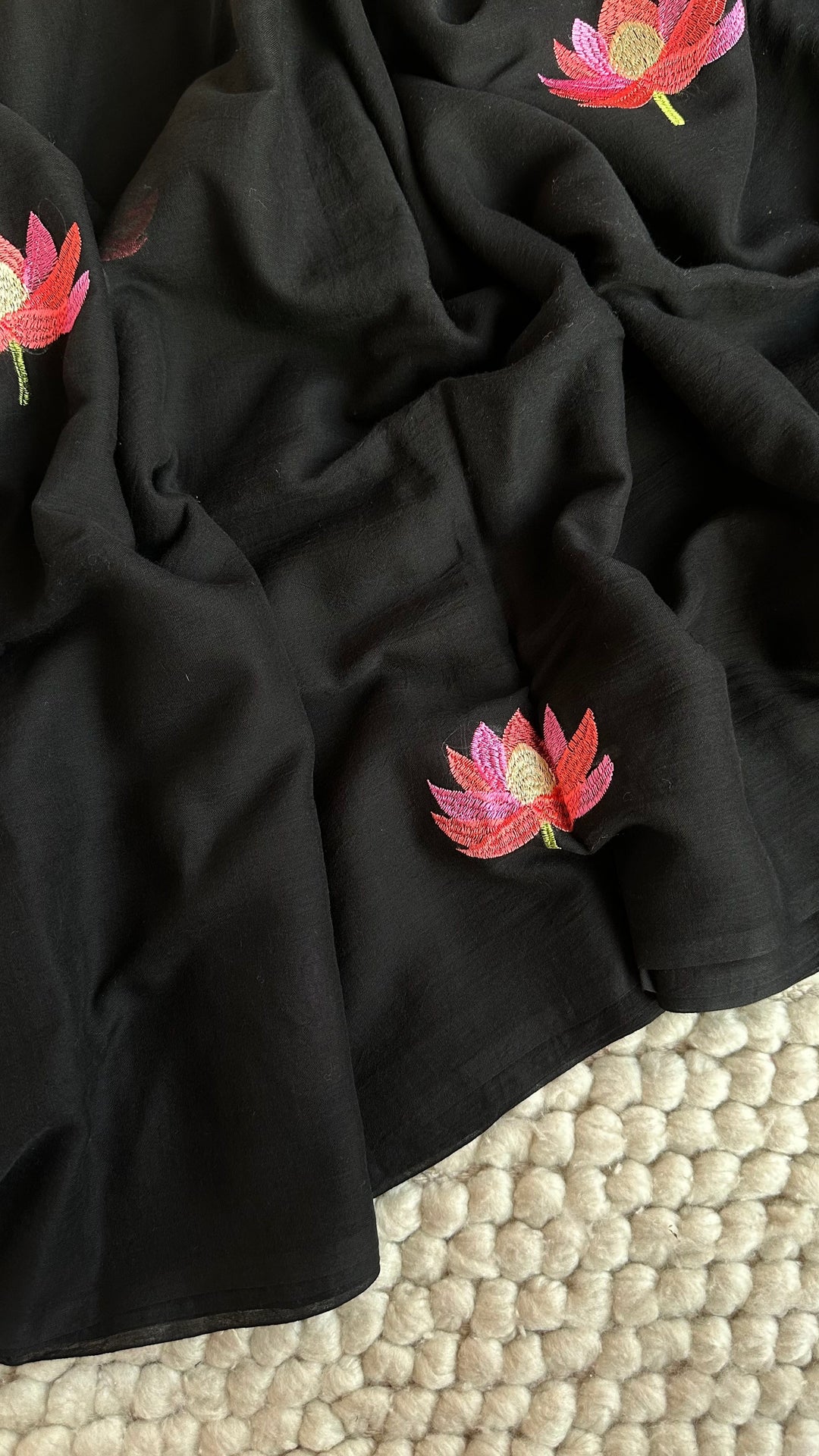 DEEP BLACK - LOTUS EMBROIDERED PURE SUPER SOFT MULMUL COTTON SAREE