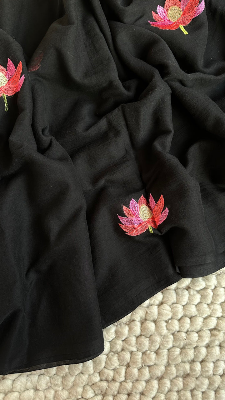 DEEP BLACK - LOTUS EMBROIDERED PURE SUPER SOFT MULMUL COTTON SAREE