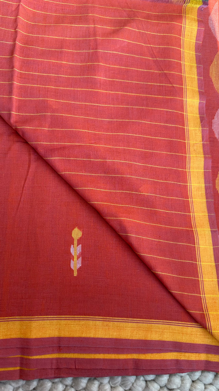 PREMIUM NEEDLE WORK JAMDANI HANDWOVEN AND HANDSPUN COTTON SAREE - PEACHY ORANGE