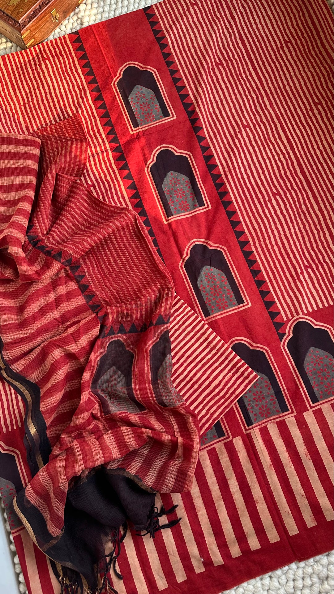 AJRAKH HANDBLOCK PRINTED UNSTITCHED DRESS MATERIAL (SET OF THREE)- MADDER RED LOVE
