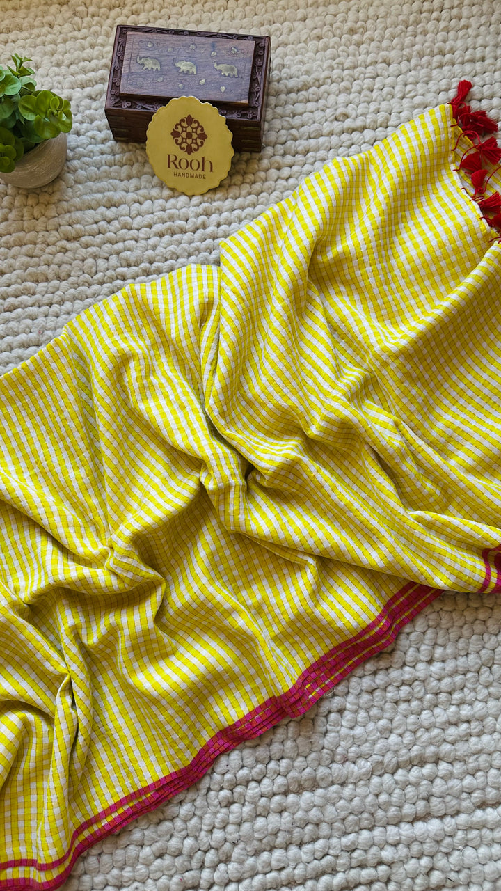 HANDWOVEN LEMON-YELLOW ZARI CHECKS PURE MULMUL COTTON SAREE (DISPATCH TIME IS 15-20 DAYS)