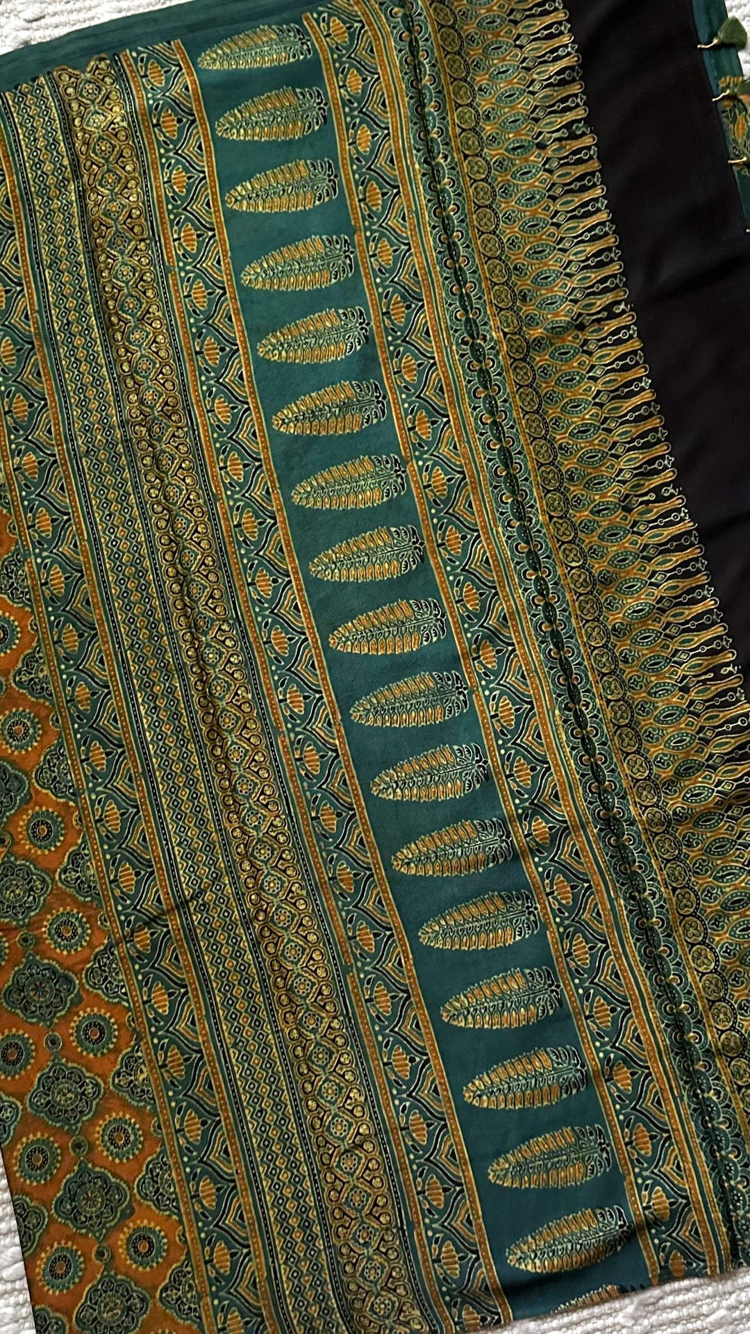MAHIKA - DEEP GREEN PREMIUM AJRAKH HAND BLOCK PRINTED MODAL SILK SAREE