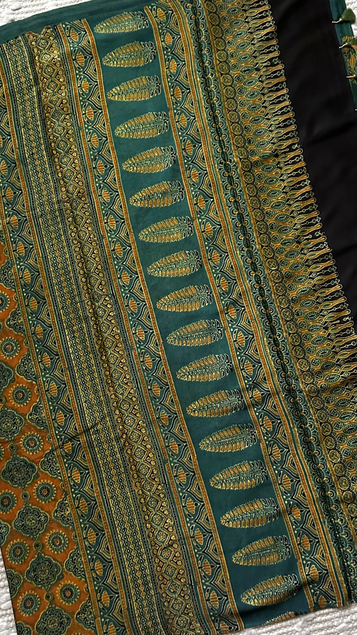 MAHIKA - DEEP GREEN PREMIUM AJRAKH HAND BLOCK PRINTED MODAL SILK SAREE