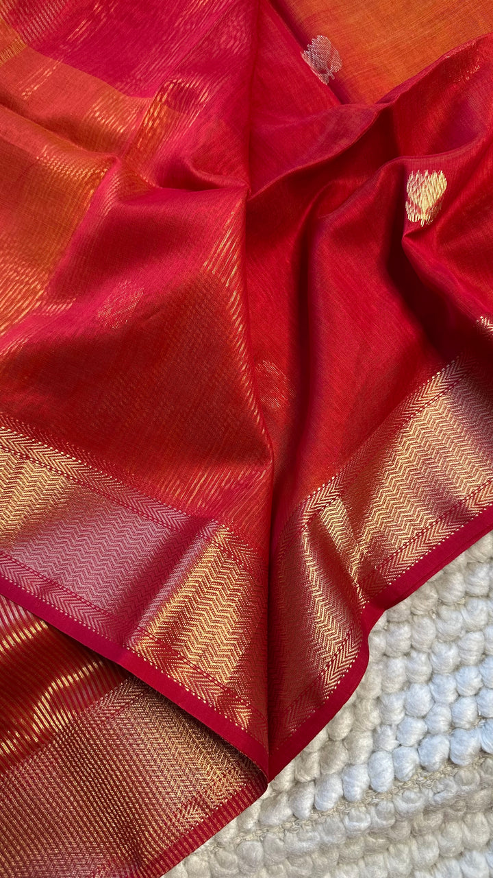 WARM RED & SUNSHINE YELLOW DUAL TONE- PREMIUM HANDWOVEN MAHESHWARI SILK BY COTTON SAREE