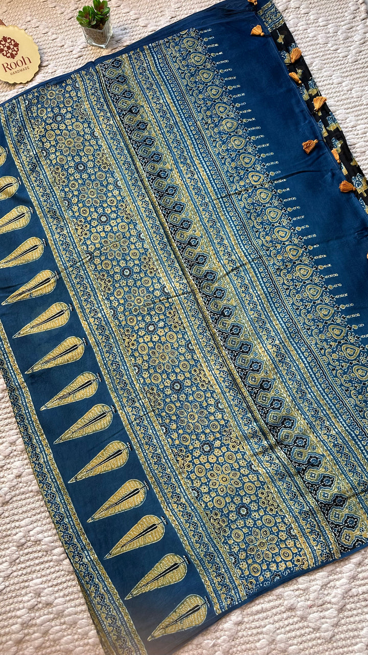 LOTUS BLOOMS 02 - SUPER PREMIUM & BUTTERY SOFT AJRAKH HAND BLOCK PRINTED MODAL SILK SAREE