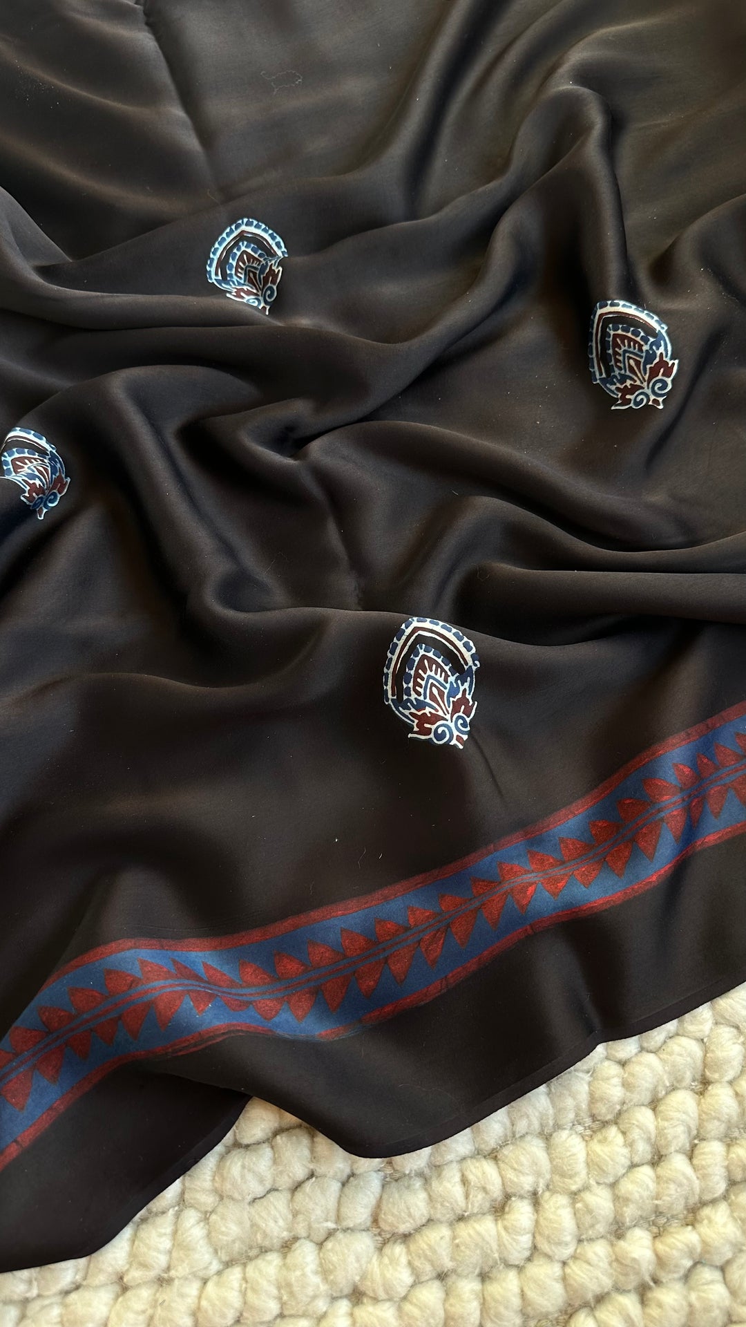 MIDNIGHT BLACK CHARMS  - AJRAKH HAND BLOCK PRINTED PREMIUM MODAL SILK SAREE