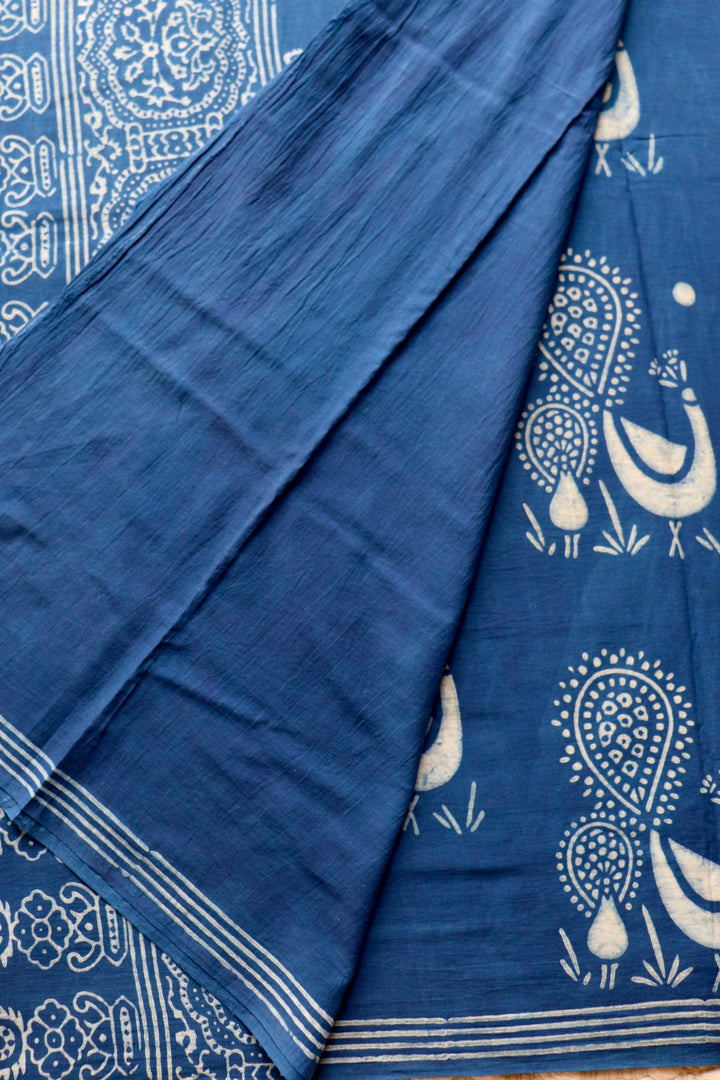 AKOLA INDIGO HAND BLOCK DABU PRINTED SOFT MULMUL COTTON SAREE- 022