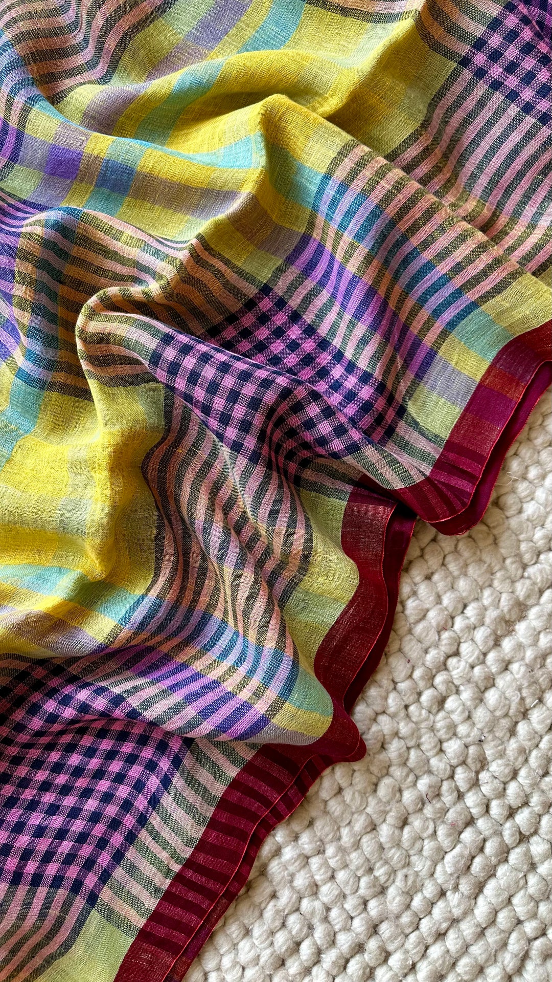 Multi Colour Checked Pure Handwoven Linen Saree - 009
