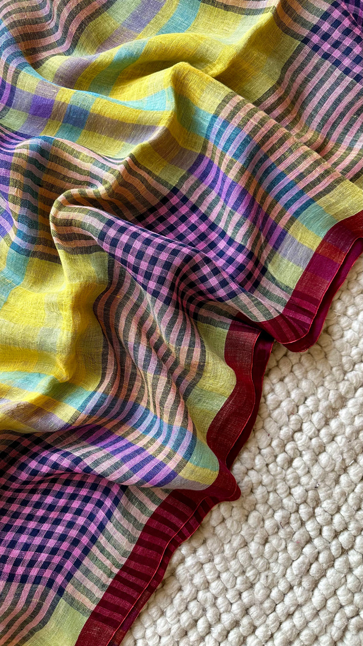 Multi Colour Checked Pure Handwoven Linen Saree - 009