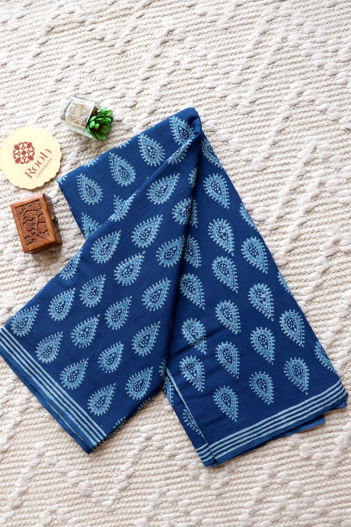 AKOLA INDIGO HAND BLOCK DABU PRINTED SOFT MULMUL COTTON SAREE- 021