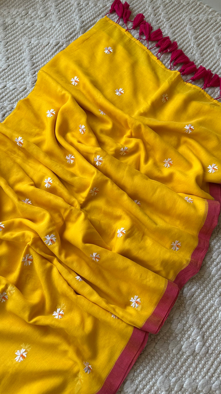 SHIULI - SUNSHINE YELLOW WITH PINK BORDER SUPER SOFT MUL COTTON SAREE (DISPATCH TIME - 7 TO 10 DAYS)