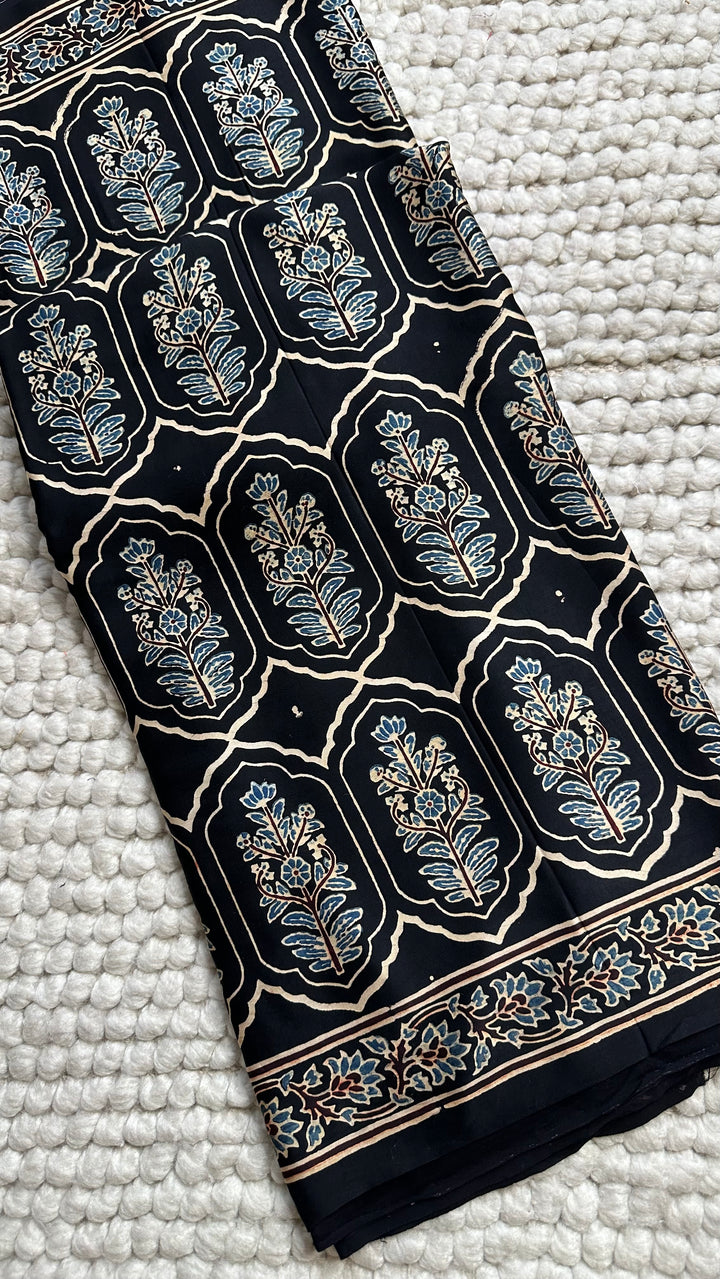 JHAROKHA- MIDNIGHT BLACK AJRAKH HAND BLOCK PRINTED PREMIUM MODAL SILK SAREE