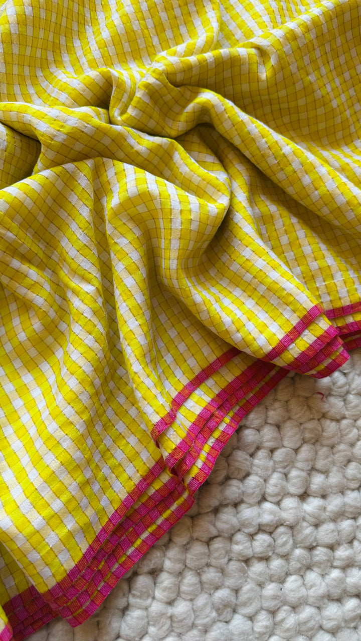 HANDWOVEN LEMON-YELLOW ZARI CHECKS PURE MULMUL COTTON SAREE (DISPATCH TIME IS 15-20 DAYS)