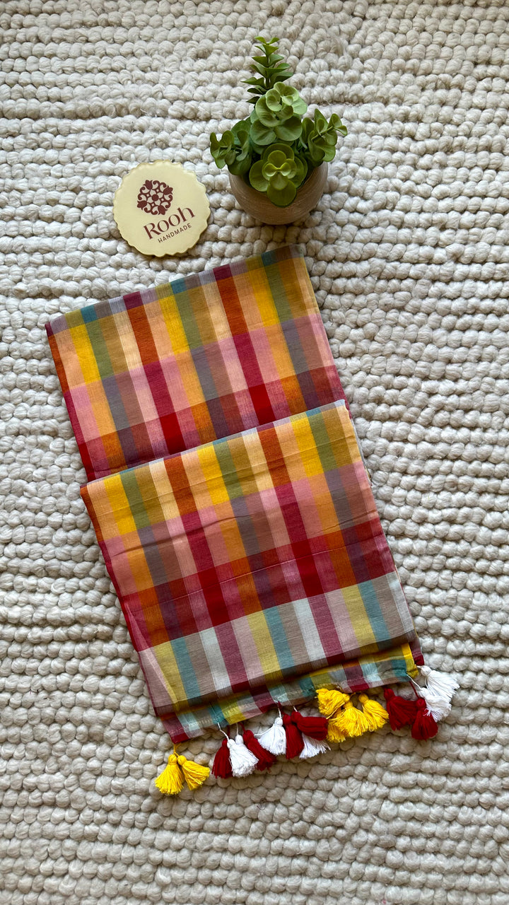 HANDWOVEN MULTICOLOUR CHECKERED MULMUL COTTON SAREE - 04 (DISPATCH TIME - 7 TO 10 DAYS)