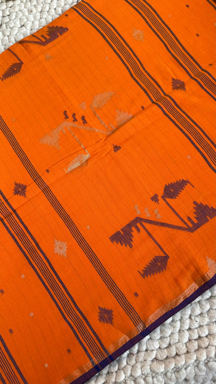 PREMIUM NEEDLE WORK JAMDANI HANDWOVEN AND HANDSPUN COTTON SAREE - SAFFRON ORANGE