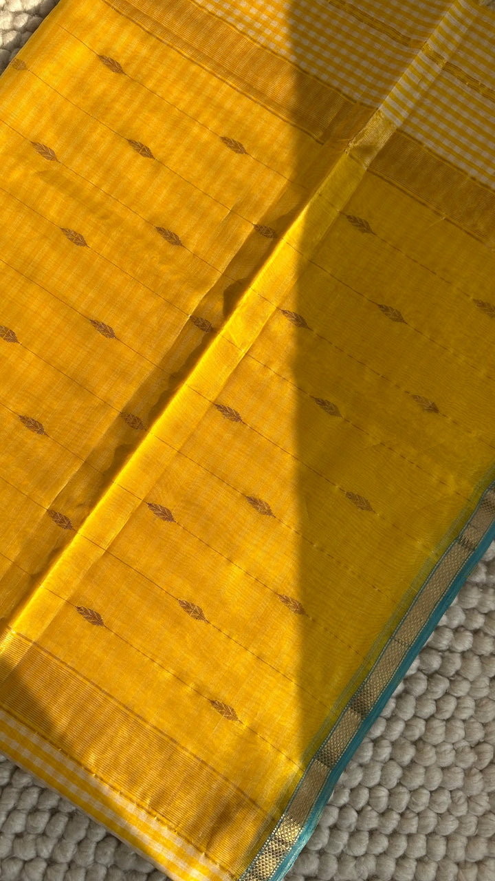 SUNSHINE YELLOW CHECKS - PREMIUM HANDWOVEN MAHESHWARI SILK BY COTTON SAREE (DISPATCH TIME IS 15-20 DAYS)