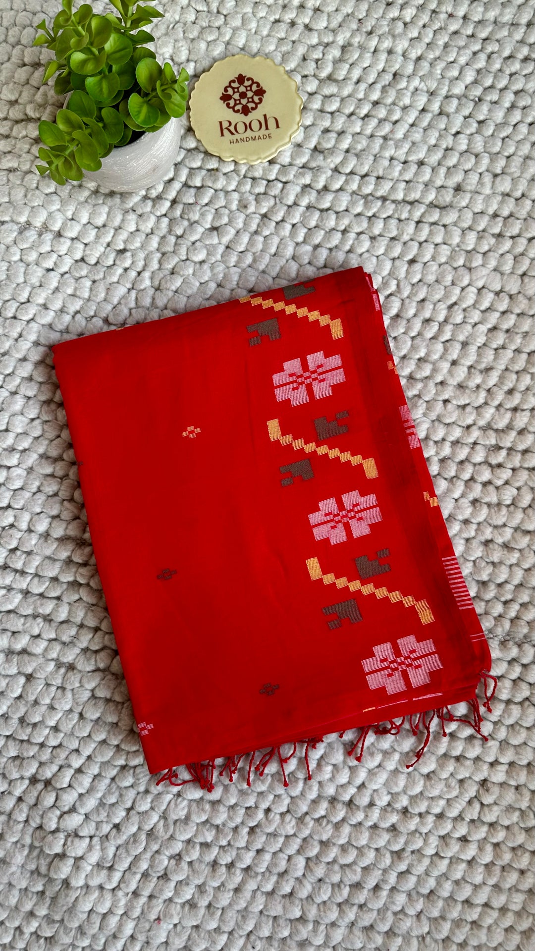 PREMIUM NEEDLE WORK JAMDANI HANDWOVEN COTTON SAREE - CLASSIC RED